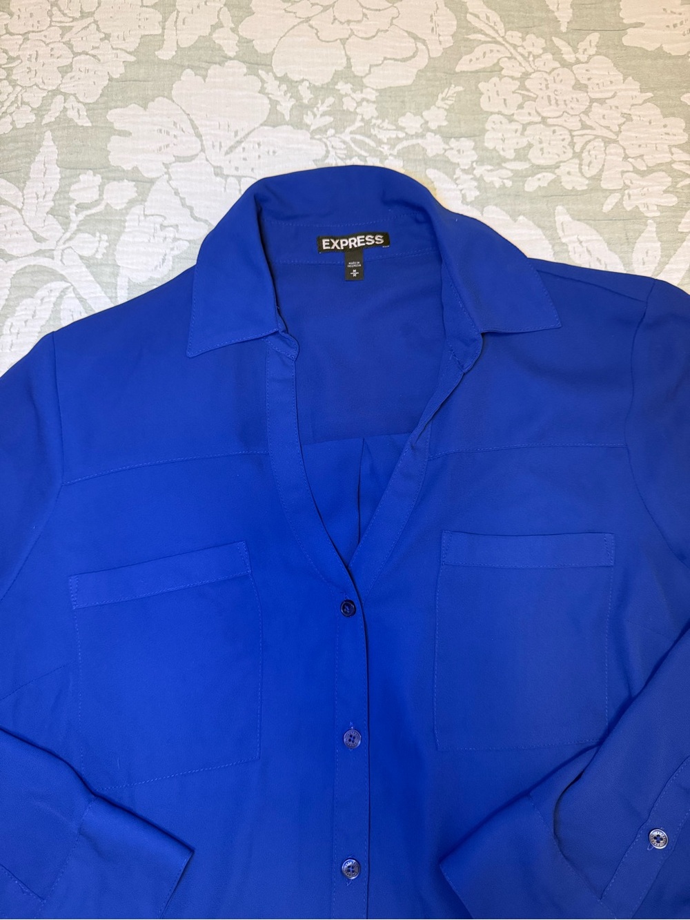 Women's Royal Blue Express Portofino Button-Down Shirt with Roll-Tab Sleeves - Picture 5 of 9